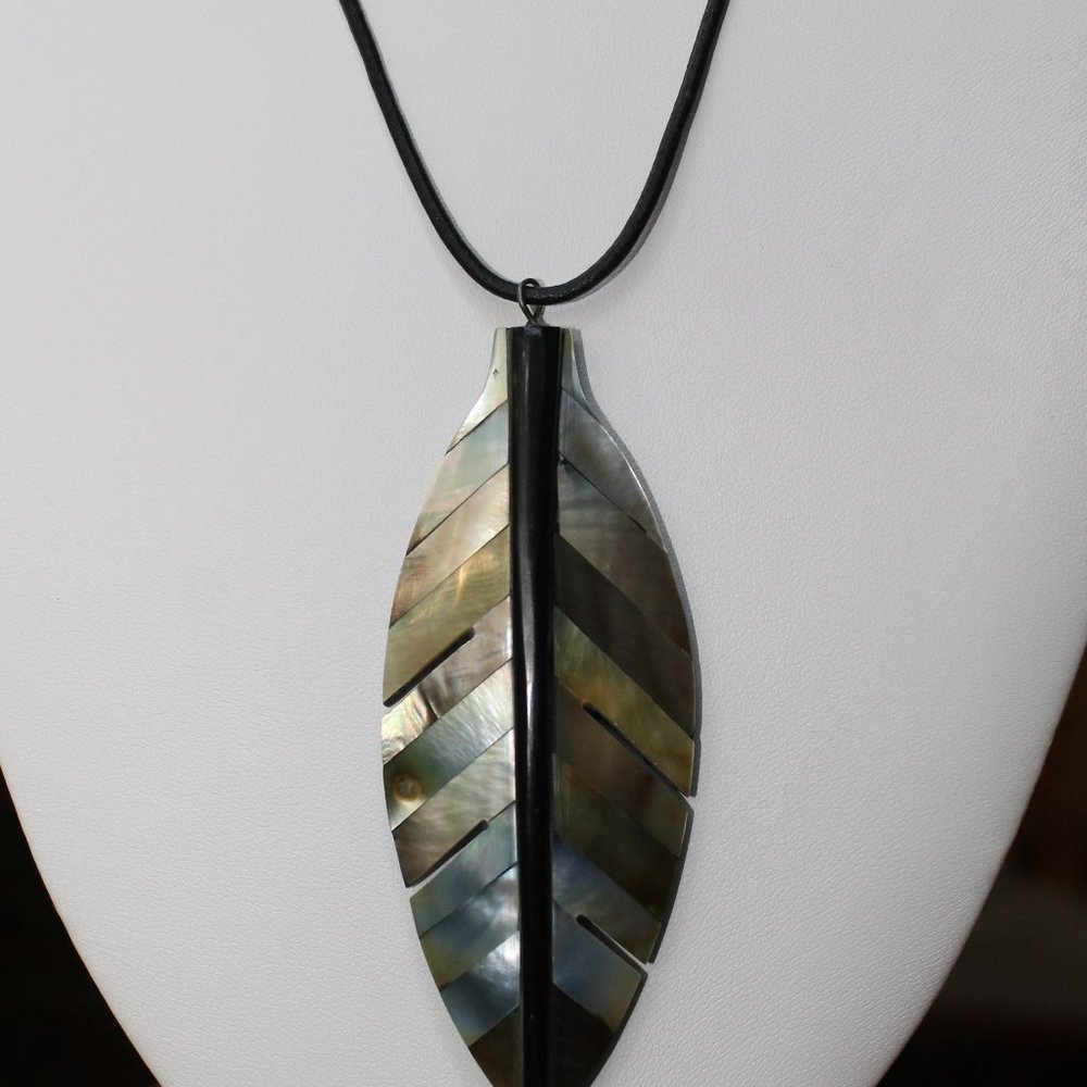 Carved Abalone Shell Leaf/Feather Necklace